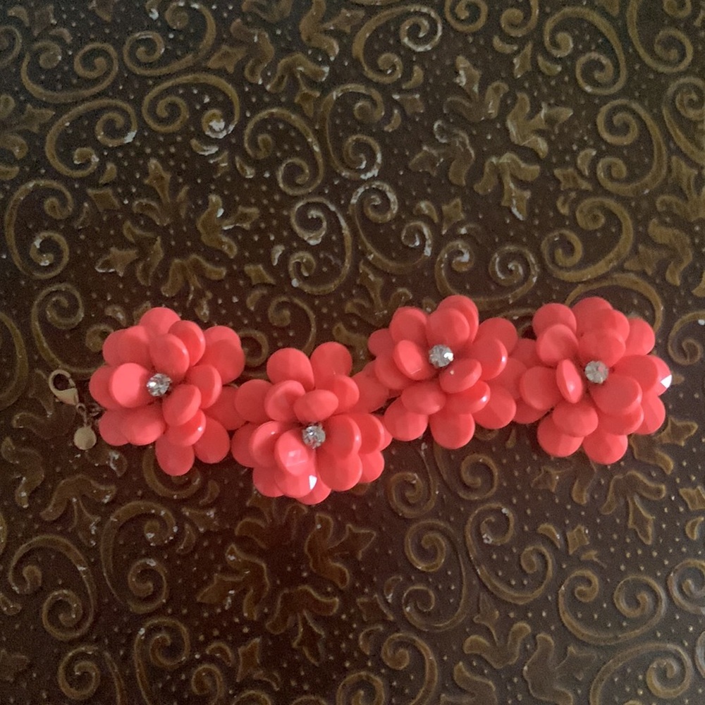 J. Crew neon coral rhinestone floral statement necklace and bracelet - Picture 2 of 4